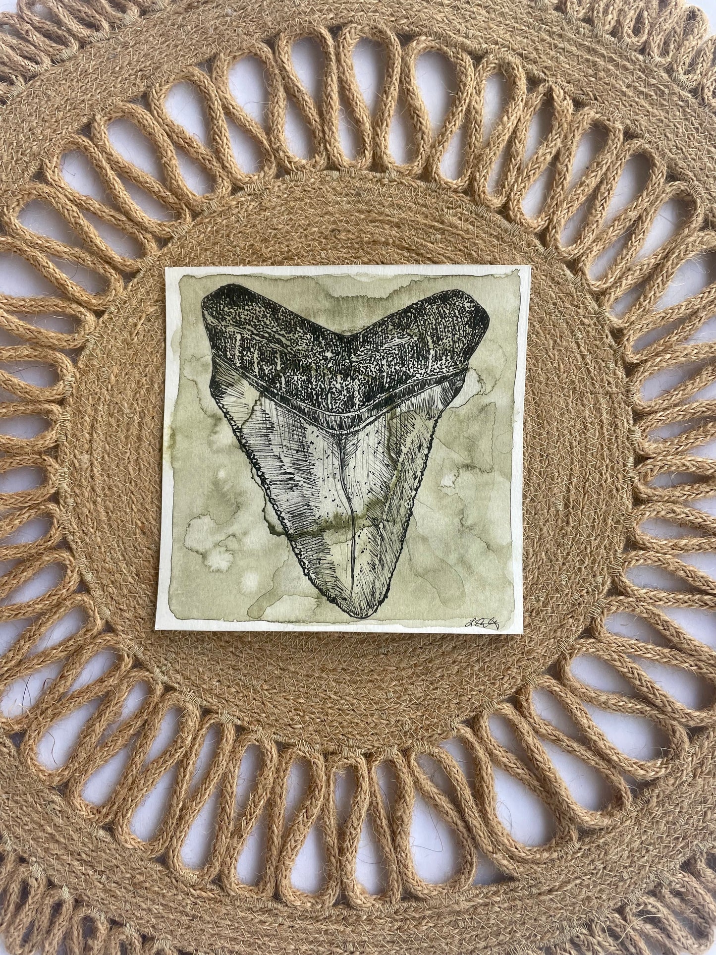 Green Megalodon Shark Tooth (watercolor print)