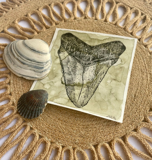 Green Megalodon Shark Tooth (watercolor print)