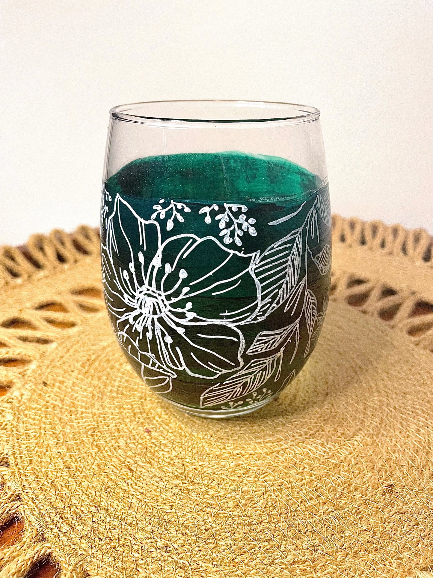 Floral Hand-Painted Wine Glass - Green/White