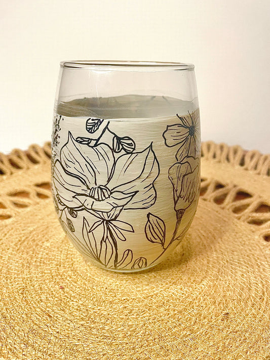 Floral Hand-Painted Wine Glass - Grey/Black