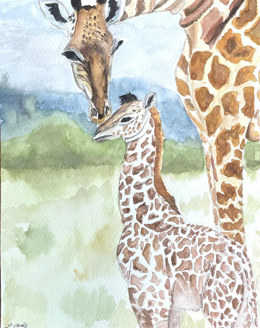 Mother & Baby Giraffe (watercolor print)