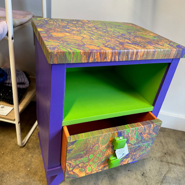 Purple, Orange and Green Solid Wood Nightstand