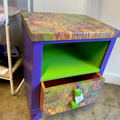 Purple, Orange and Green Solid Wood Nightstand