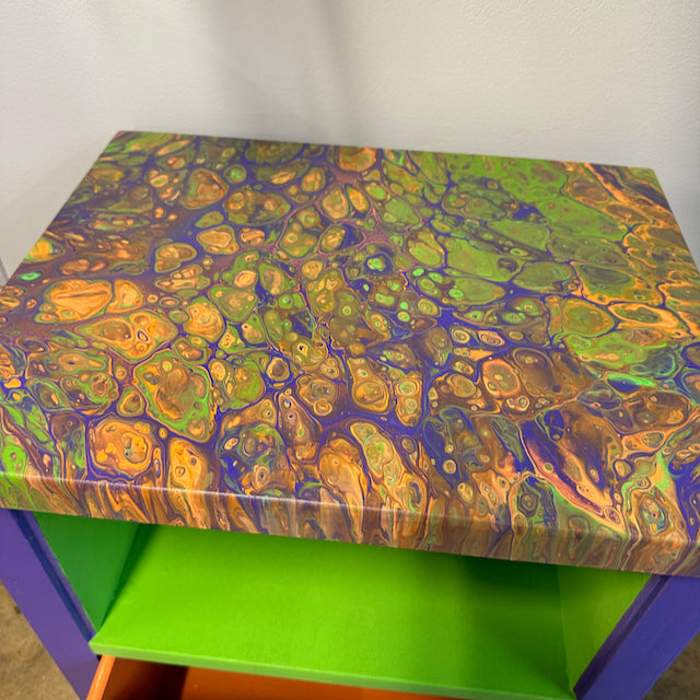 Purple, Orange and Green Solid Wood Nightstand