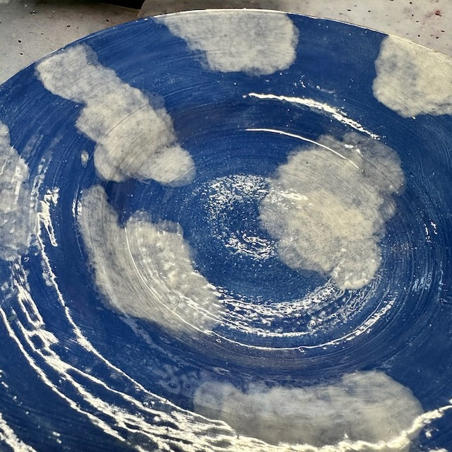 Pottery Plate in Blue with Clouds